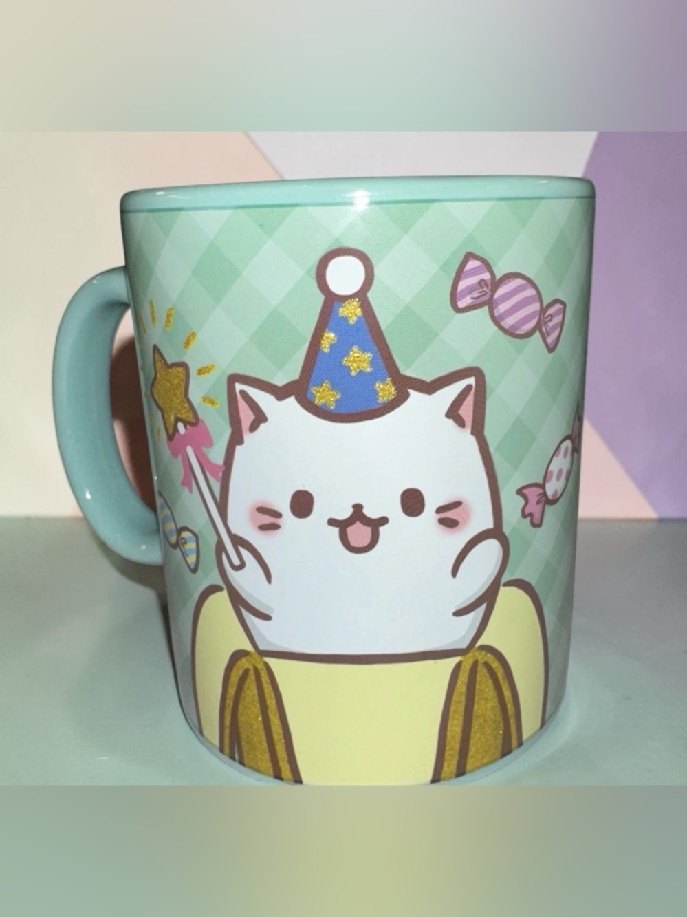 Bananya Anime Cat Wizard Hat Coffee Mug 16oz Just Funky Teal Checkered NWOB